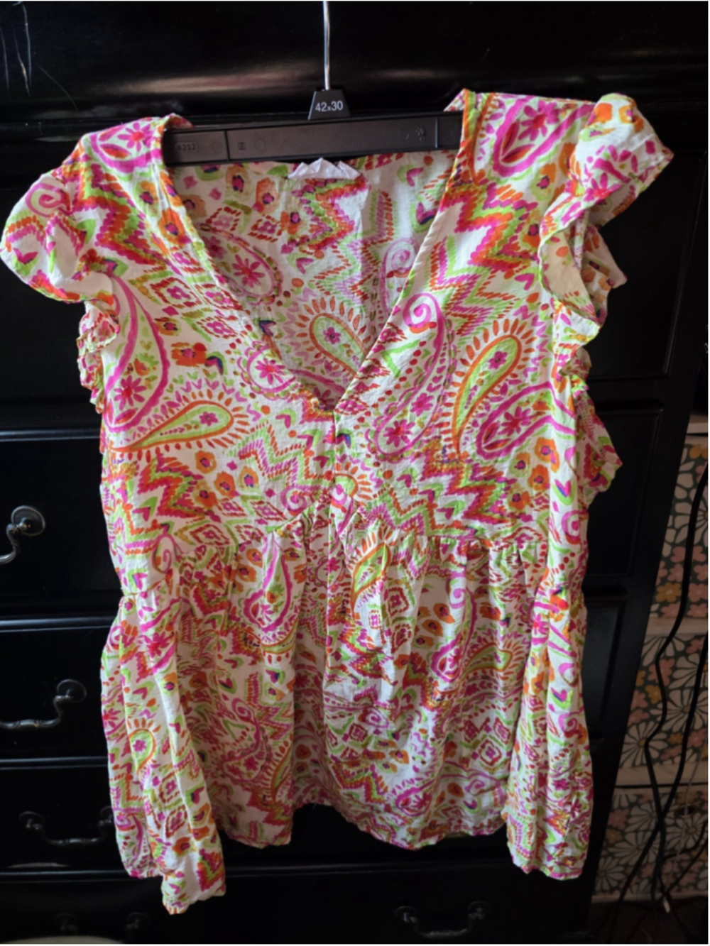 Emily Wonder Green Pink Paisley V Neck Ruffle Short Sleeve Shirt Blouse